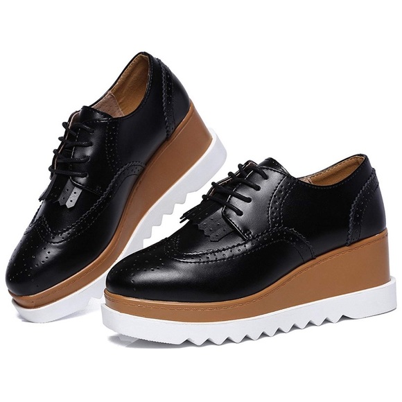 Shoes - Black Lace-up Platform Wedge Oxford Shoes
